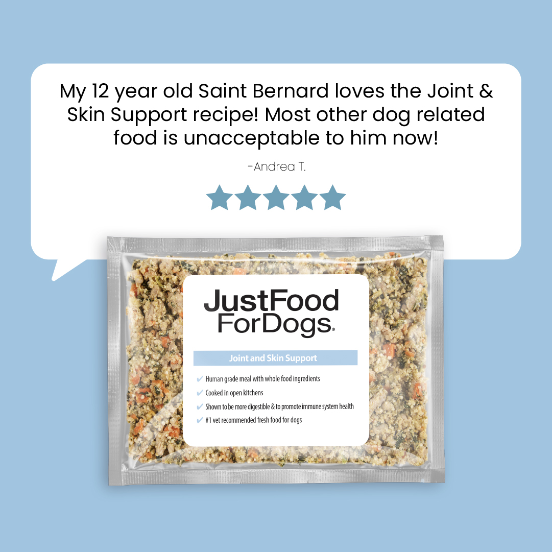 Crafted with ground pork, quinoa, kale, carrots, and apples, our Joint &amp; Skin Support not only promotes healthy skin but is also a crowd-pleaser! Share your dog's thoughts on this recipe below! ⬇️🐾