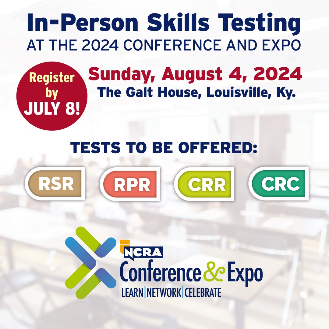 RSR, RPR, CRR, and CRC testing will be conducted on site on Aug. 4, 2024, during the 2024 NCRA Conference &amp; Expo in Louisville, Kentucky. #NCRALouisville Learn more: tinyurl.com/2fx4utca
