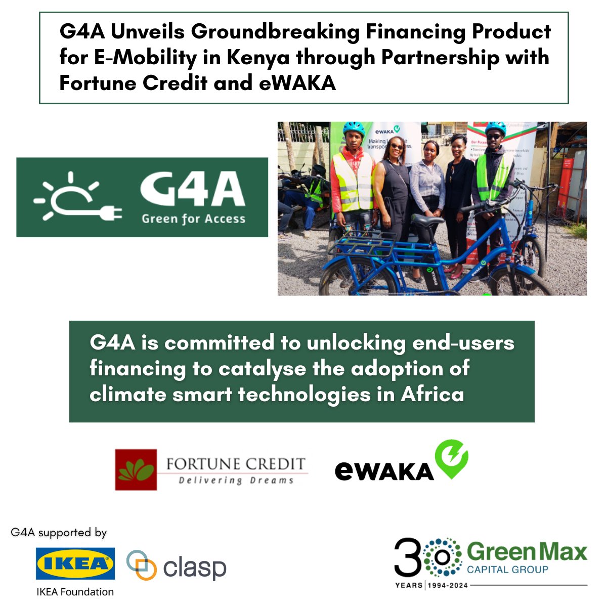 GreenMax Capital Group (@greenmaxcapital) on Twitter photo GreenMax's G4A empowers local financial institutions to provide consumer financing for green tech, like affordable e-bikes in Kenya. In partnership with Fortune Credit and eWAKA, G4A's financing product allows riders to own an e-bike for 396 KES per day! bit.ly/G4ANews GreenMax's G4A empowers local financial institutions to provide consumer financing for green tech, like affordable e-bikes in Kenya. In partnership with Fortune Credit and eWAKA, G4A's financing product allows riders to own an e-bike for 396 KES per day! bit.ly/G4ANews