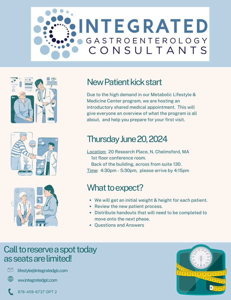 IntegratedGIC's tweet photo. Due to high demand in our Metabolic Lifestyle &amp; Medicine Center program, we are hosting an introductory shared medical appointment!

📅 June 20
🏢 20 Research Pl, N Chelmsford in the back across from Suite 130
⏲️ 4:15PM

Email lifestyle@integratedgic.com to reserve today! https://t.co/H4vovv2fqm
