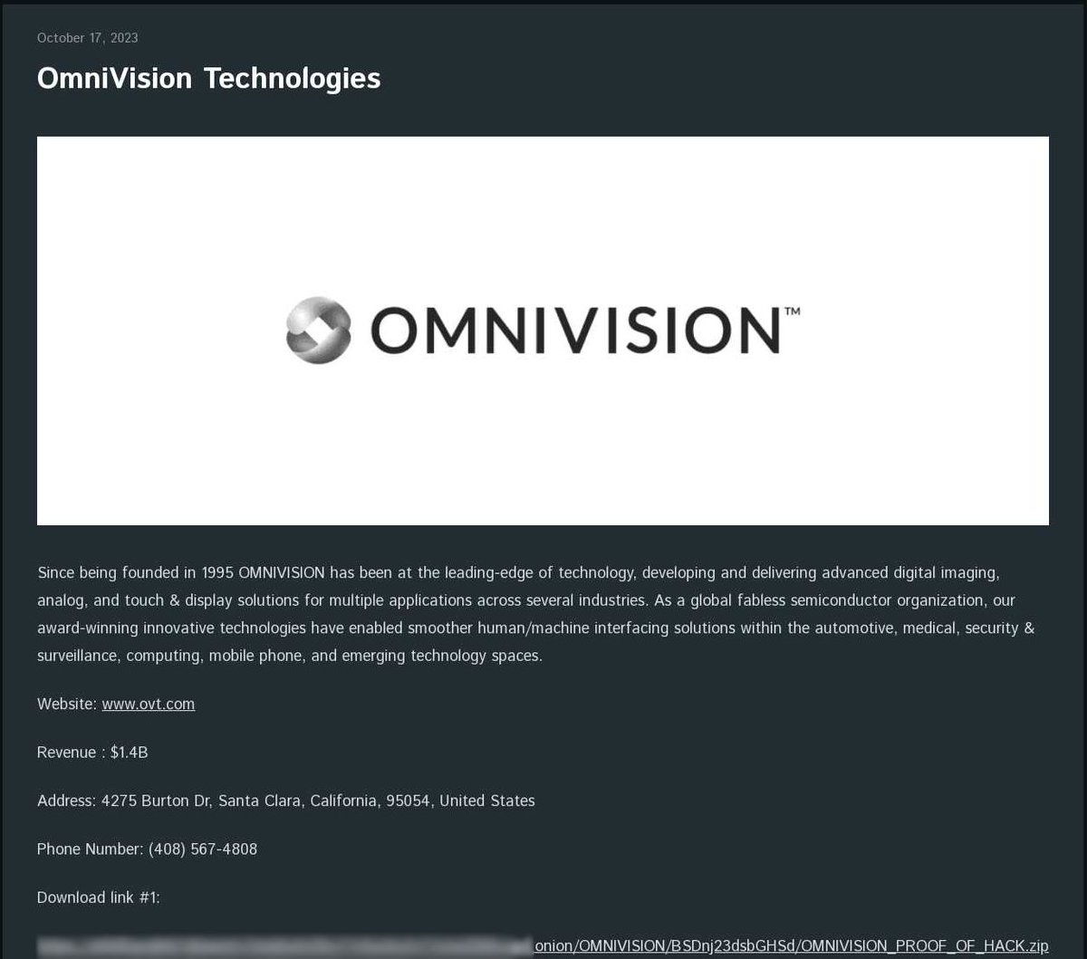 mikeklement's tweet photo. Omnivision finally discloses breach from 2023

https://t.co/T0pF6u1GPT 
#omnivision #DataBreach#datasecurity#hack#cloud#hackernews#Itsecurity#breach#cybernews#protection#technology#appsec#cyber#breakingnews#gdpr#OSINT#infosec#data#Opsec#digitalsecurity#security https://t.co/lVmwj8Tb2G