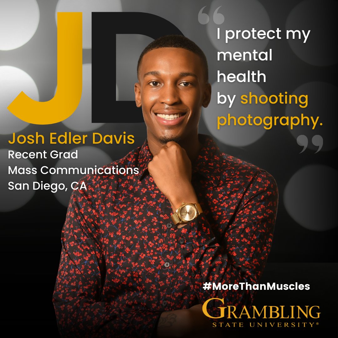 Grambling1901's tweet photo. Spring 2024 grad Josh Edler Davis finds peace in photography &amp; it also aligns with his goal of being a reporter at the New York Times. The wellness of the whole student is what matters most &amp; during Men's Health Month, we'll show how our male students protect their mental health. https://t.co/NQzrixPZ79