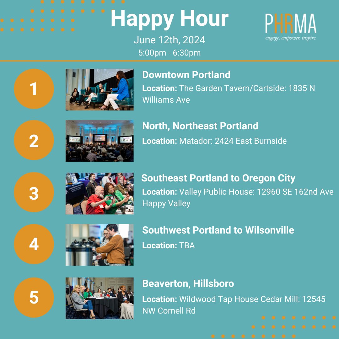 PortlandHR's tweet photo. Join us on June 12th for the PHRMA District Happy Hour Meet-Up! Network with HR professionals across Portland. Register by June 11th. #HRNetworking #PHRMA
📅 June 12
🕔 5:00pm - 6:30pm
📍 Various locations in Portland
PHRMA Members Only
https://t.co/r6CKUZ1Bau https://t.co/yyiDVowrPO