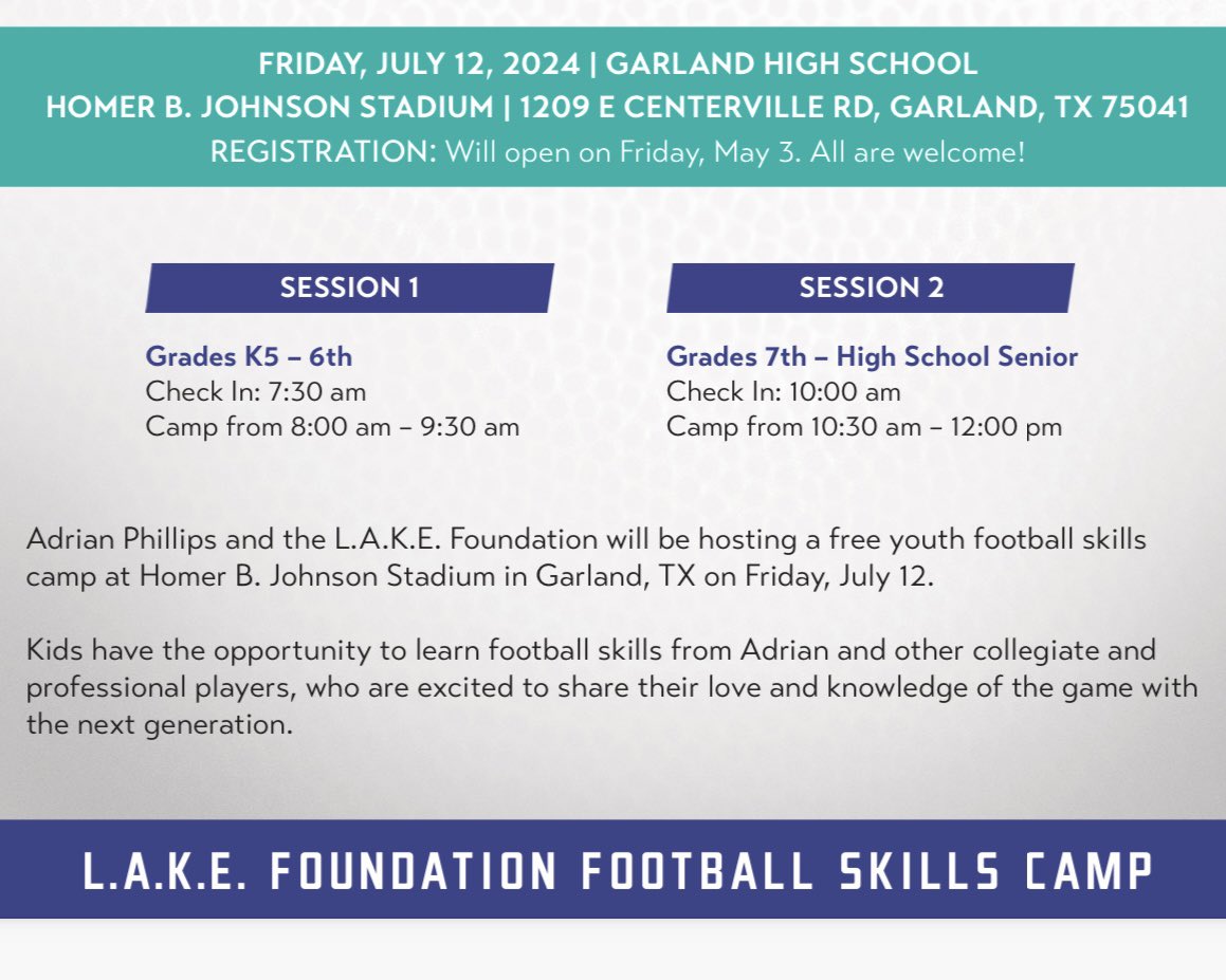 GHS Alumni, Adrian Phillips, and the L.A.K.E. Foundation will be hosting a free youth football skills camp at Homer B. Johnson Stadium on Friday, July 12. 
Kids have the opportunity to learn football skills from Adrian and other collegiate and professional players, who are