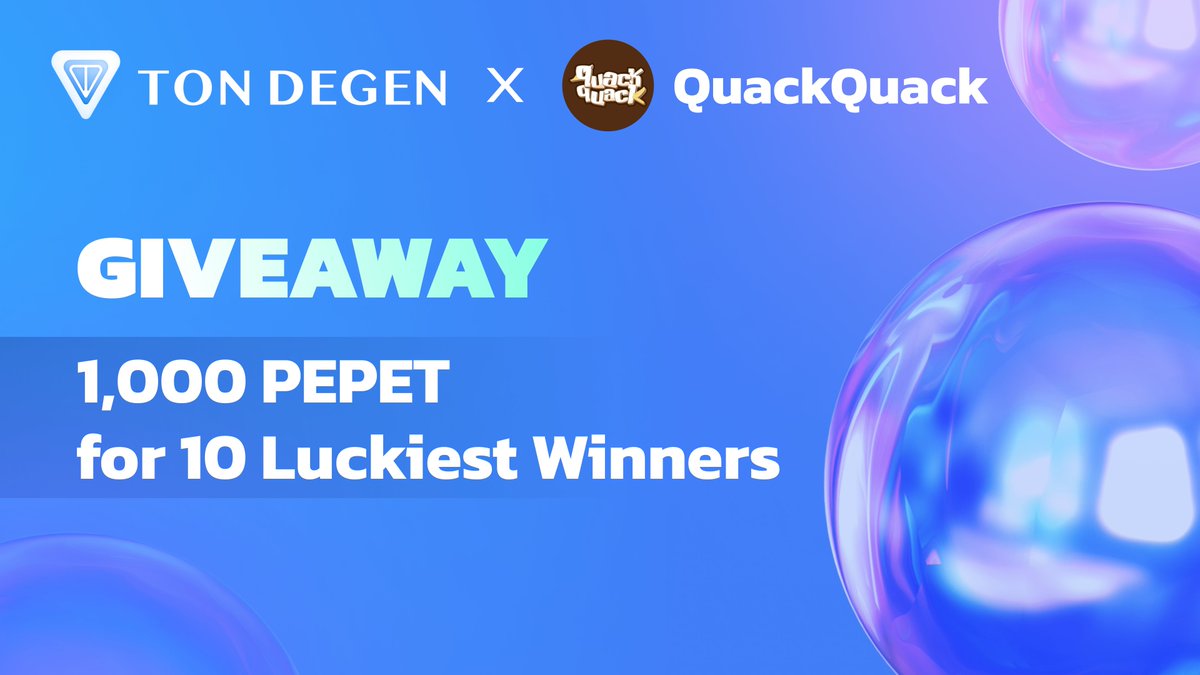 DegenonTON's tweet photo. GIVEAWAY EVENT: TON Degen 🤝 @WeQuackQuack

🎁 1,000 PEPET for 10 Luckiest Winners sponsored by @WeQuackQuack

✅ How to become winners 👇

1️⃣ Follow @DegenonTON & @WeQuackQuack
2️⃣ Like, retweet and tag 3 friends
3️⃣ Connect your wallet at QuackQuack game: https://t.co/ftc5H3Sf2R
4️⃣ Join TON Degen telegram: https://t.co/NYjJmKXwvH
5️⃣ Comment your Telegram username that bind with your game account 👇

✅ Enjoy now and take PEPET from @WeQuackQuack

#TON #TONdegen #Giveaway #Airdrop