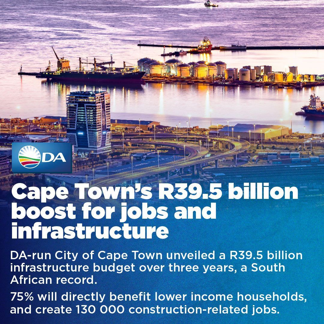 📊 The DA-run City of Cape Town proudly unveils a record R39.5bn budget for jobs and infrastructure, with 75% focused on improving sanitation, water security, and public transport. The DA government continues to ensure prosperity for all.

Read more: capetown.gov.za/Media-and-news…