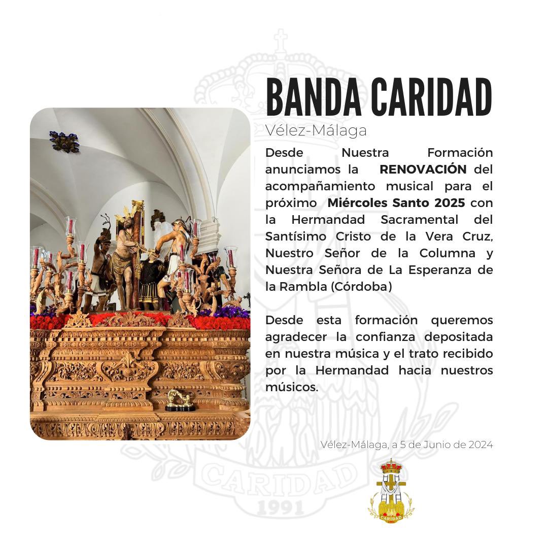 📣¡¡¡RENOVACIÓN!!!📣

Nos complace anunciar que el próximo Miércoles Santo 2025 volveremos acompañar al Señor de la Columna de la Rambla (Cordoba)<a href="/HdadEsperanzaLR/">Hermandad Esperanza La Rambla</a> 

Agradecer a la Hermandad la confianza depositada en nuestros sones para volver a poner nuestra música tras el Señor