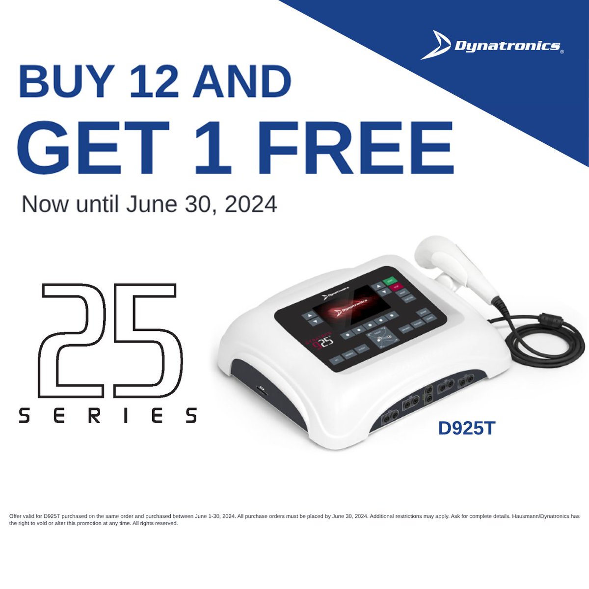 DynatronicsCorp's tweet photo. It's a Bakers Dozen Promotion for the month of June. Through June 30, 2024, purchase 12 D925T units and GET 1 FREE! Hurry while supplies last.

#JuneDeals #Dynatronics #25Series #BakersDozen https://t.co/KLnKnHl9B3