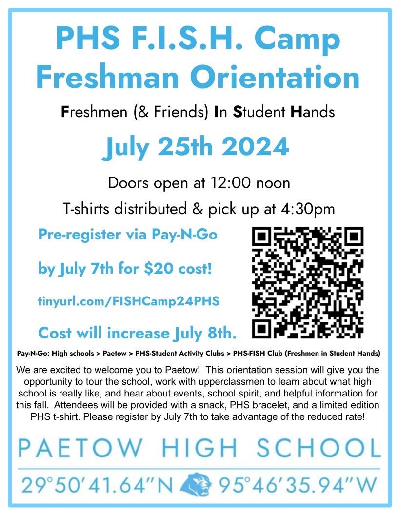 The PHS upper classmen can't wait to welcome our incoming students at this year's FISH Camp Freshman Orientation!  Details can be found in this flier - see you there!
#PantherProud