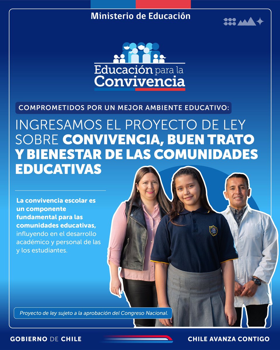 Mineduc's tweet photo. Ingresamos al Congreso el proyecto de Ley sobre Convivencia, Buen trato y Bienestar de las comunidades educativas, anunciado por el Presidente en la Cuenta Pública 2024. ¡Convivir en espacios libres de violencia es fundamental para el desarrollo académico, personal e integral! https://t.co/SXtmvH7UmA