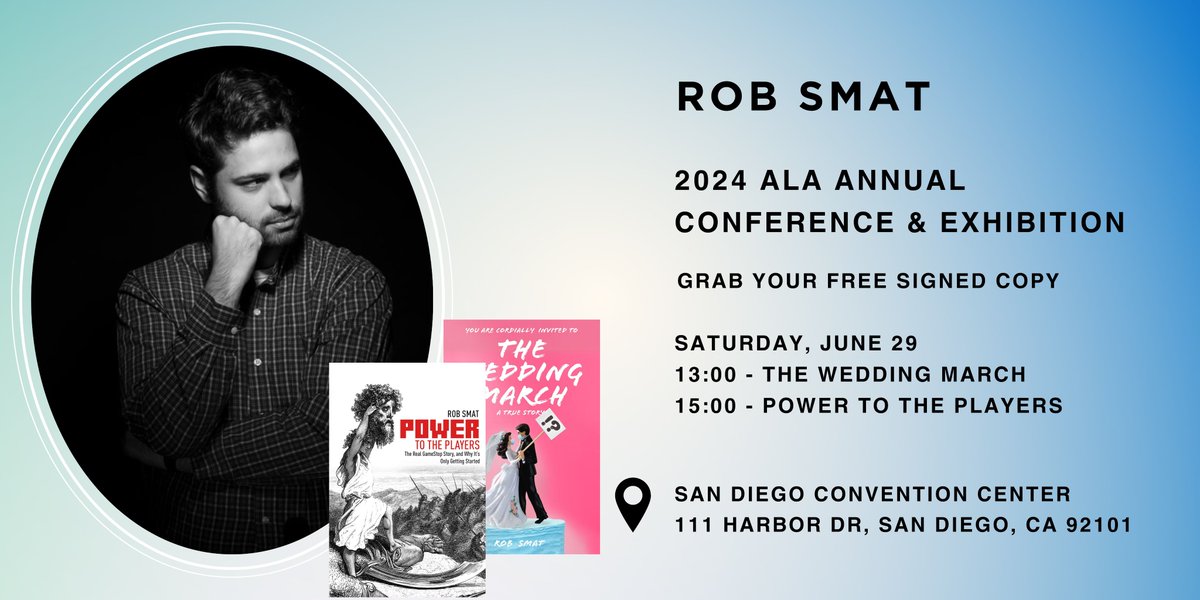 HistriaBooks's tweet image. Join us for an author signing with Rob Smat! 
 When: Saturday, June 29
 Where: ALA at the San Diego Convention Center
Schedule:
1 PM &amp;amp; 2 PM: Rob will be signing copies of The Wedding March and Power to the Players.

 #ALAAC24 #LibLearnX24 #fundlibraries #booksbooksbooks #booktw