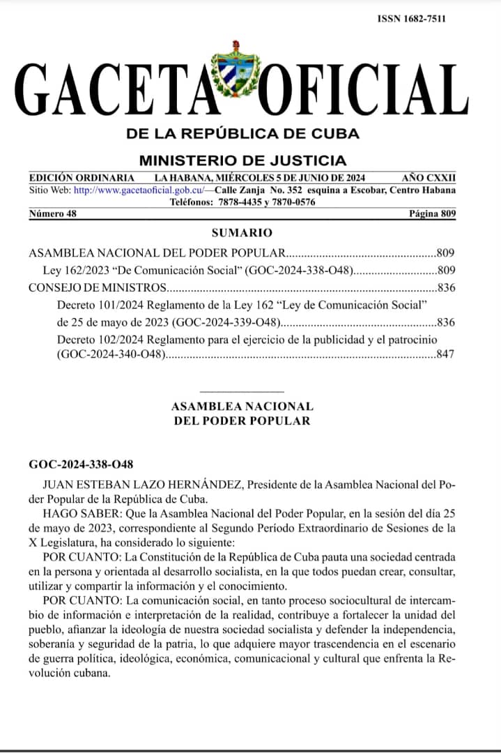 #Cuba da un nuevo paso a favor de una sociedad con más derechos. Desde hoy está en Gaceta Oficial, la Ley de Comunicación Social y sus disposiciones normativas complementarias. Juntos seguimos ampliando la educación para la comunicación y garantizando el derecho a la información.