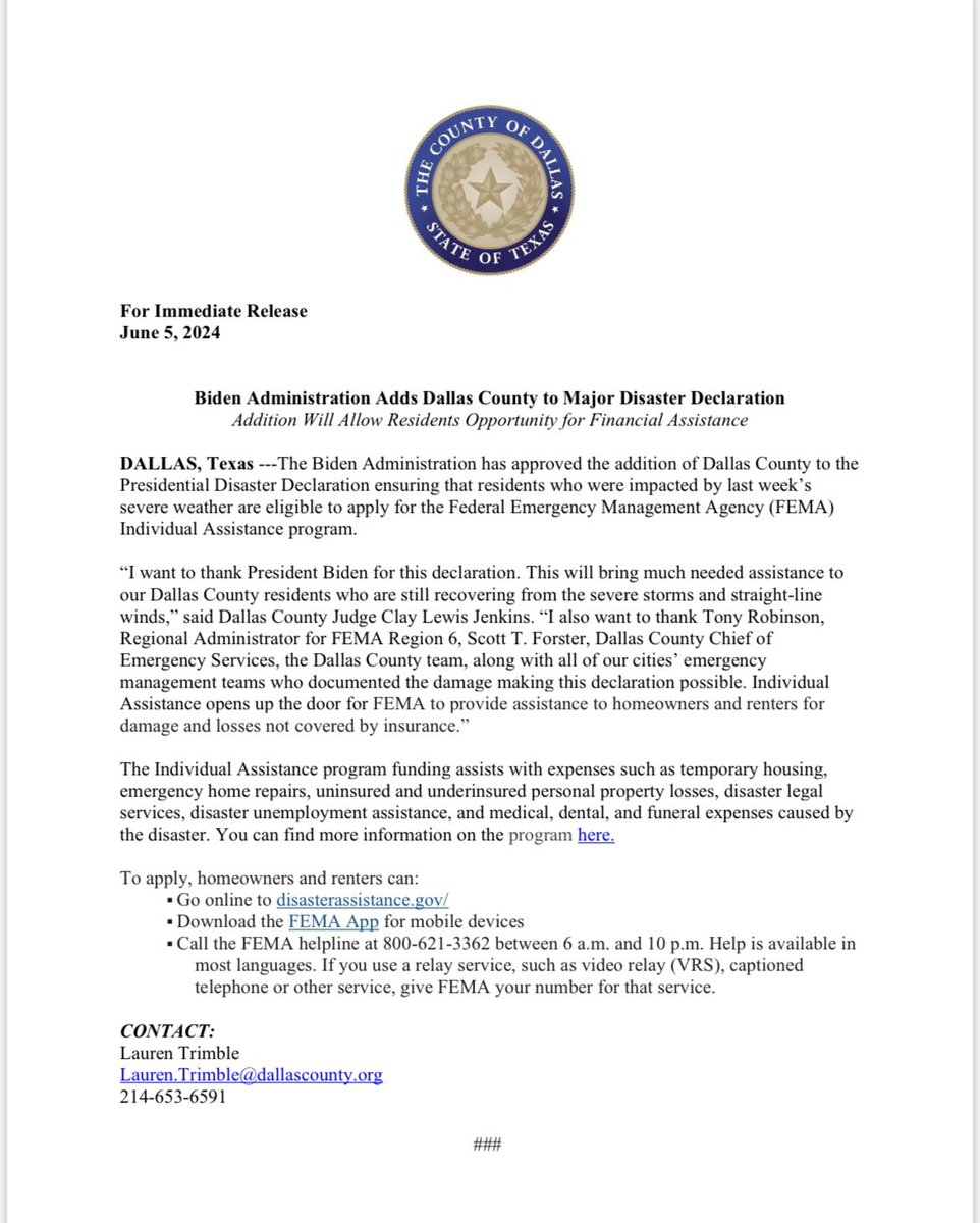 Biden Administration Adds Dallas County to Major Disaster Declaration
Addition Will Allow Residents Opportunity for Financial Assistance