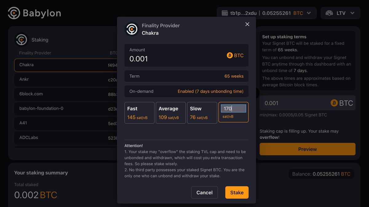 🌟 @babylon_chain 是一家市场领先的#Bitcoin 质押平台，无需通过“桥”或者“托管”的方式即可完成质押！ #Wizz  量身定制了新的#Babylon 质押网站，允许自定义质押交易手续费，方便在手续费波动剧烈的时候及时调整！目前请使用