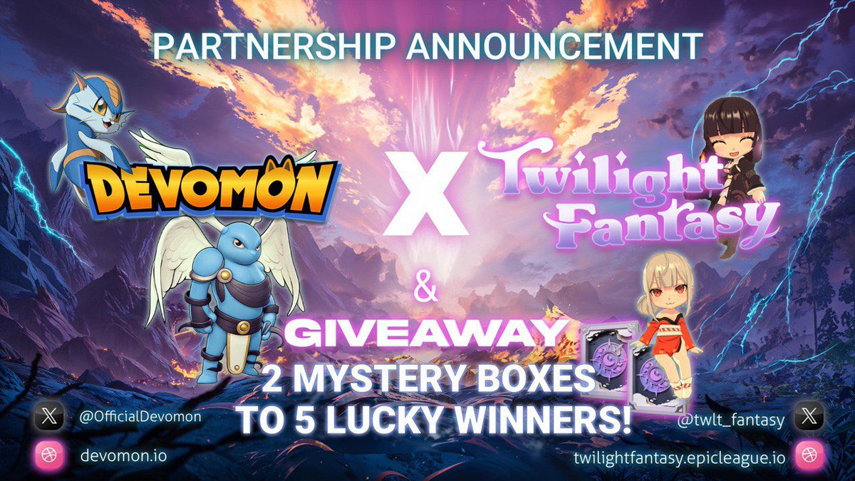 OfficialDevomon's tweet photo. We are excited to be partnering with @Twlt_Fantasy and giving away 2 Mystery Boxes to 5 lucky winners. Twilight Fantasy is a rogue-lite, anime-style game with fun characters based on our favorite childhood stories coming this summer ☪️💫

To enter the WL giveaway
1️⃣ Follow @OfficialDevmon & @Twlt_Fantasy 
2️⃣ Comment “Devomon Fantasy”
3️⃣ ❤️ & RT this tweet

➡️ Go check out Fantasy Quests to go earn points to get Mystery Boxes for exclusive in-game items: https://t.co/SYsBpIEXaK

https://t.co/kn8PE3BjEt