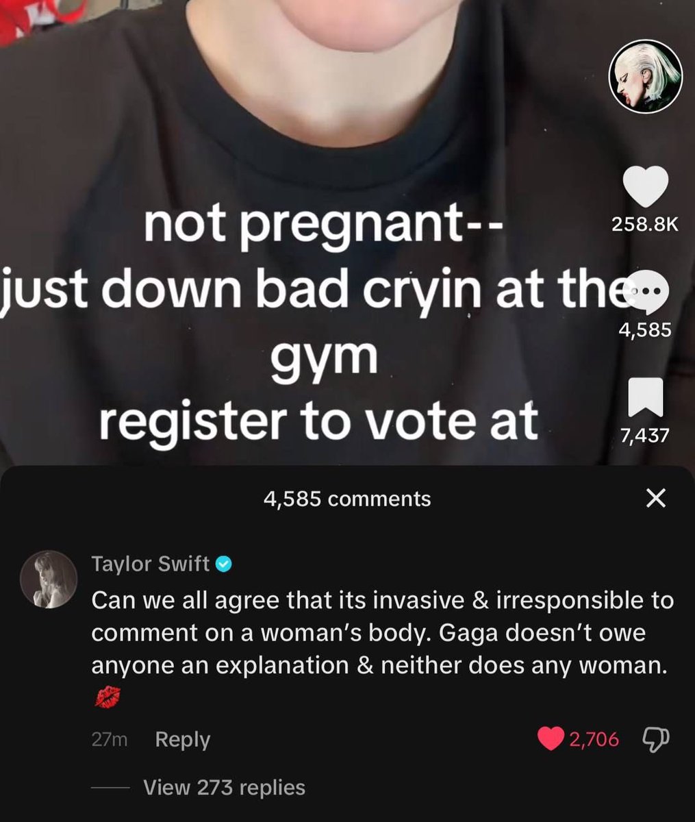 updateswiftbr's tweet photo. 🚨 Taylor Swift respondeu o TikTok de Lady Gaga, sobre os rumores da cantora estar grávida.

“Podemos todos concordar que é invasivo e irresponsável comentar sobre o corpo de uma mulher. Gaga não deve uma explicação a ninguém e nenhuma mulher deve. 💋” https://t.co/QHWNghn2lK