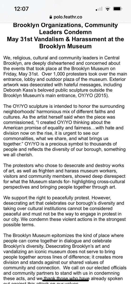 JoniKletter's tweet photo. Brooklyn Organizations, Community Leaders Condemn May 31st Vandalism &amp; Harassment at the Brooklyn Museum
https://t.co/Y5YueZMVHD

TY @JCRCNY @MarkTreyger718 and all the electeds, leaders &amp; clergy that have spoken out. https://t.co/QQLy0bMcKP
