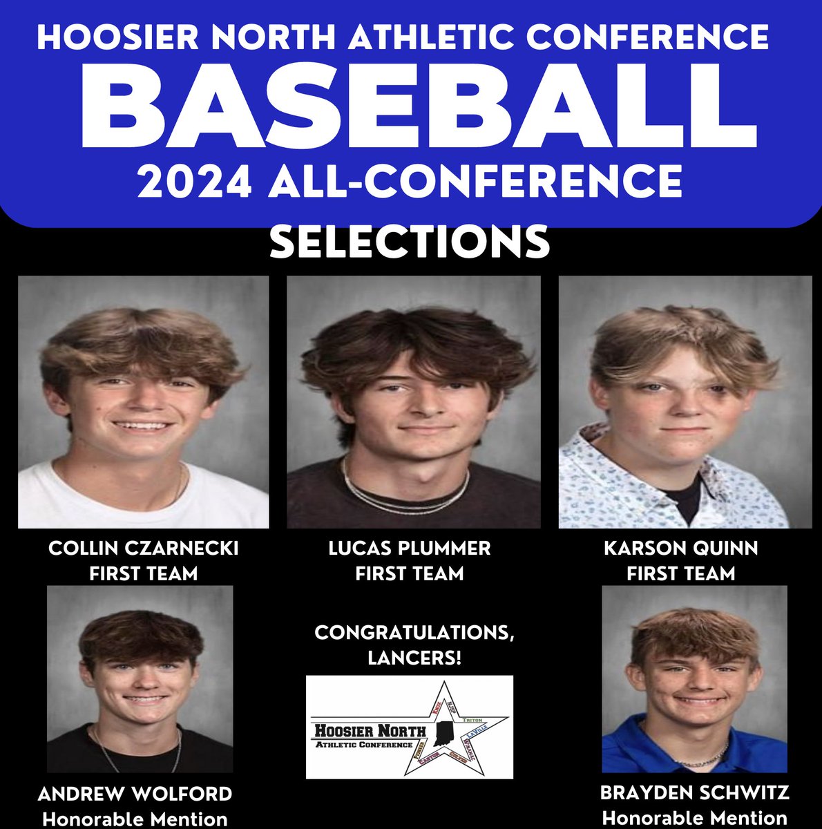 Congratulations Collin, Lucas, Karson, Andrew, and Brayden!  Also, congrats go out to Lucas Plummer on being selected the Hoosier North Most Valuable Player.