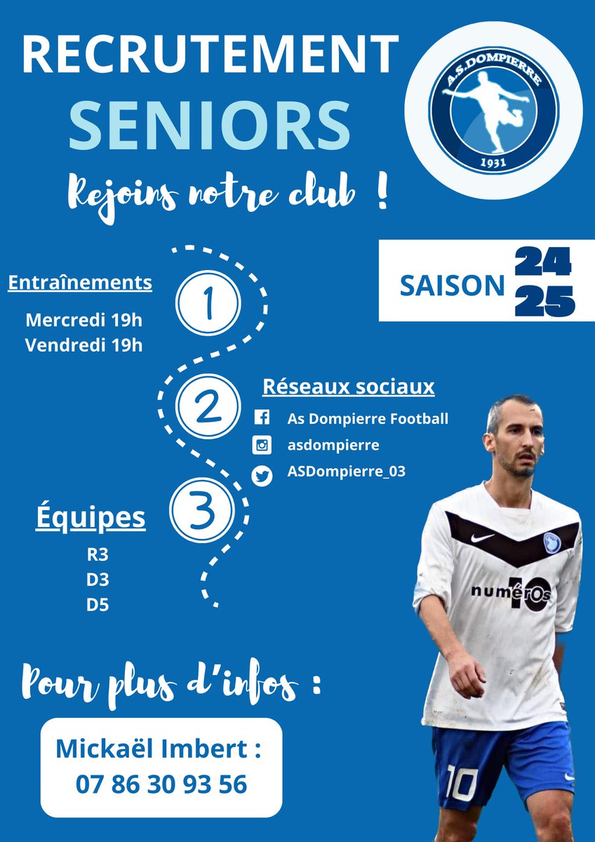 ASDompierre_03's tweet photo. 🚀 Recrutement ouvert pour la saison prochaine ! ⚽

3 équipes : R3, D3, D5
À bientôt sur le terrain ! 😉

#ASD #Recrutement #Football #NouvelleSaison #R3 #D3 #D5 #beinsquad
@beinsports_FR @SportEasy https://t.co/OWk6TozEqd