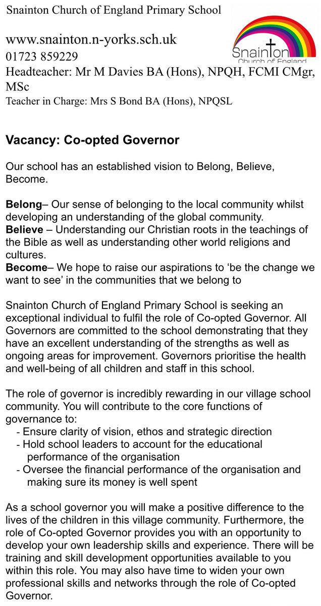 SnaintonSchool's tweet photo. You could be the person we are looking for. We are currently recruiting to our governing body. 

Expressions of interest to be submitted no later than Friday 21st June, 3pm. 

headteacher@snainton.n-yorks.such.uk
Or, 01723 859229 https://t.co/M7My2KXp8I