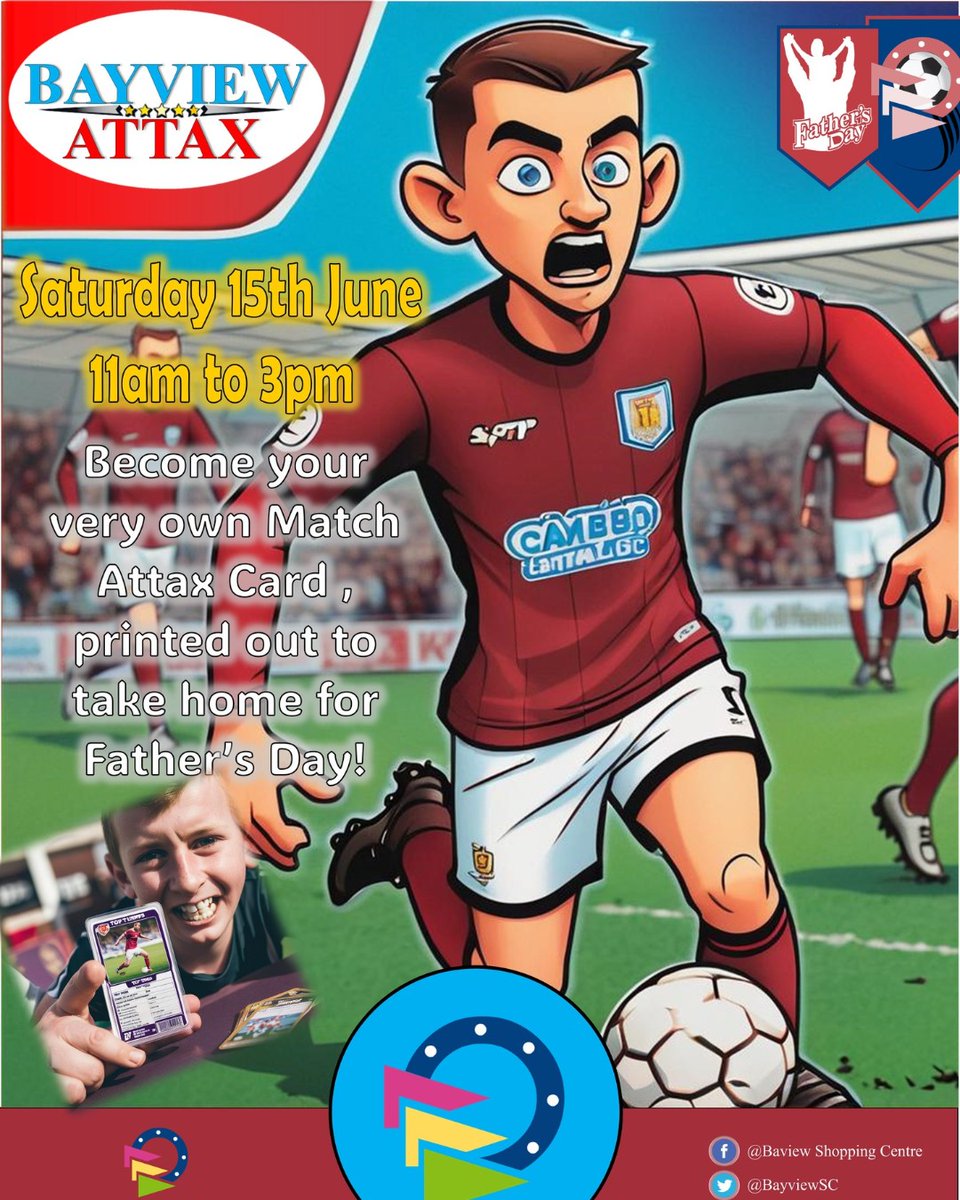 BayviewSC's tweet photo. Strike a pose at @BayviewSC today from 11am-3pm and transform yourself into a Match Attax card for Dad this Father's Day! 
Don't forget, it's completely FREE! 📸 ⚽ 
#FathersDaySpecial #FreebieSaturday #colwynbay #northwales https://t.co/YotzRx2uiD