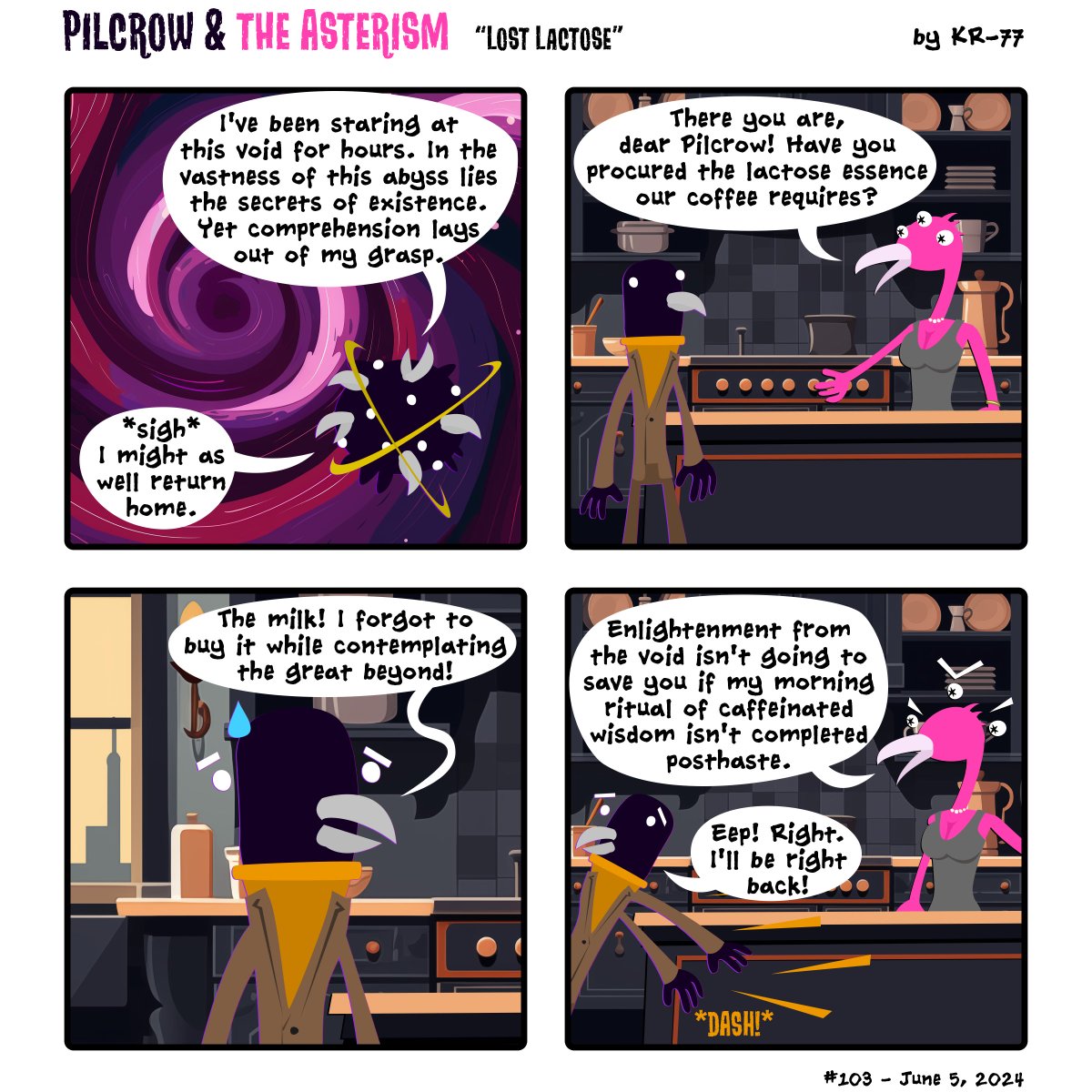 pilcrowcomic's tweet photo. Looks like Pilcrow found out that 'cosmic clarity' doesn't include remembering grocerestrial tasks.

#webcomic #funny #humor #lol #eldritch https://t.co/0pzcCZoM39