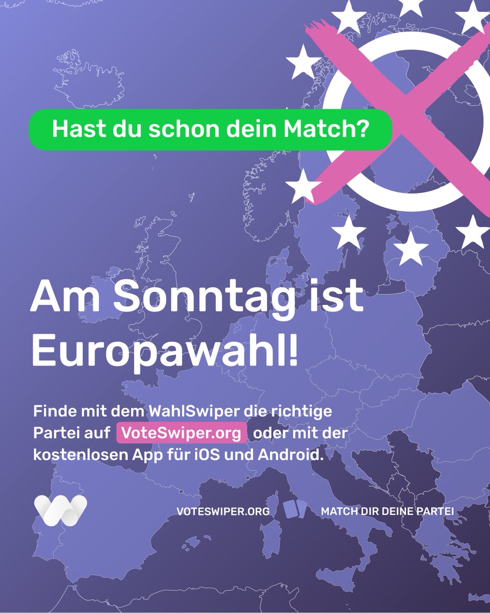 🗳️ Am Sonntag wird das neue Europa-Parlament gewählt. Du weißt nicht, welche Partei du wählen sollst? Swipe dich mit dem #WahlSwiper durch 36 Fragen und finde heraus, mit wem du das beste Match hast. 

Auf voteswiper.org/de/deutschland… oder mit der App für iOS und Android. #europawahl