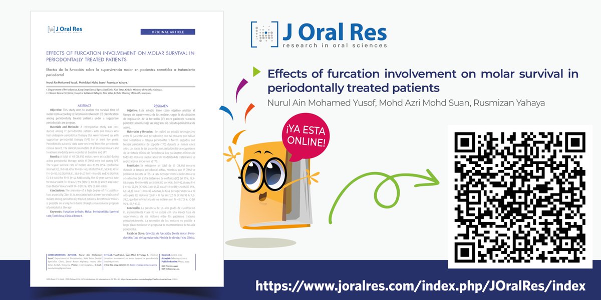 😎 ¡¡Te invitamos a leer!! "Effects of furcation involvement on molar survival in periodontally treated patients", de 🙋‍♂️👩‍💻 Nurul Ain Mohamed Yusof, Mohd Azri Mohd Suan, Rusmizan Yahaya. 
👉joralres.com/index.php/JOra…