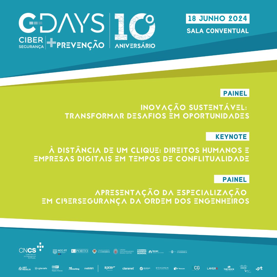CNCSgovpt's tweet photo. Dia 18 de junho, na Sala Conventual, os oradores convidados discutem inovação sustentável e proteção dos Direitos Humanos na era digital. A Ordem dos Engenheiros apresenta sua especialização em cibersegurança.

Inscreva-se: https://t.co/QN1VPFTD0G

#cdays #cdays2024 #CNCS https://t.co/pzhH70TujK