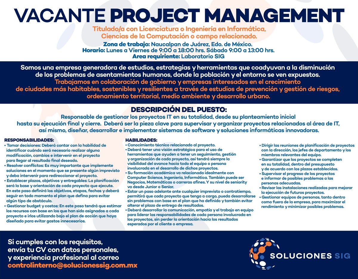 solucionessigmx's tweet photo. En Soluciones #SIG estamos buscando a el/la mejor en #ProjectManagement.
Esperamos tu CV en controlinterno@solucionessig.com.mx

#projectmanager #projectmanagementteam #itprojects #dev #softwaredeveloper #SIG #búsquedadetrabajo #busquedadeempleo #OportunidadLaboral #Mexico https://t.co/DR5TWr1WIb
