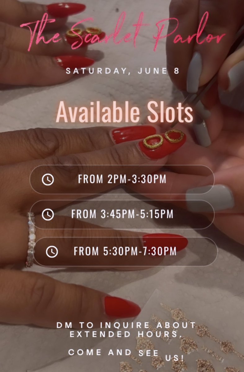 SCARLETSANTANA's tweet photo. Our availability this Saturday, June 8th.
 Link in bio to reserve your appt or text 551-337-7088.📲 #njnailtech #nails #nailsofinstagram #acrylicnails  #nailsoftheday  #hackensacknj  #bergencountynj #bergencountybestnails #njnailsalon #njnailartist #njnails #njnailtechnician https://t.co/hrJ5Aw4SfZ