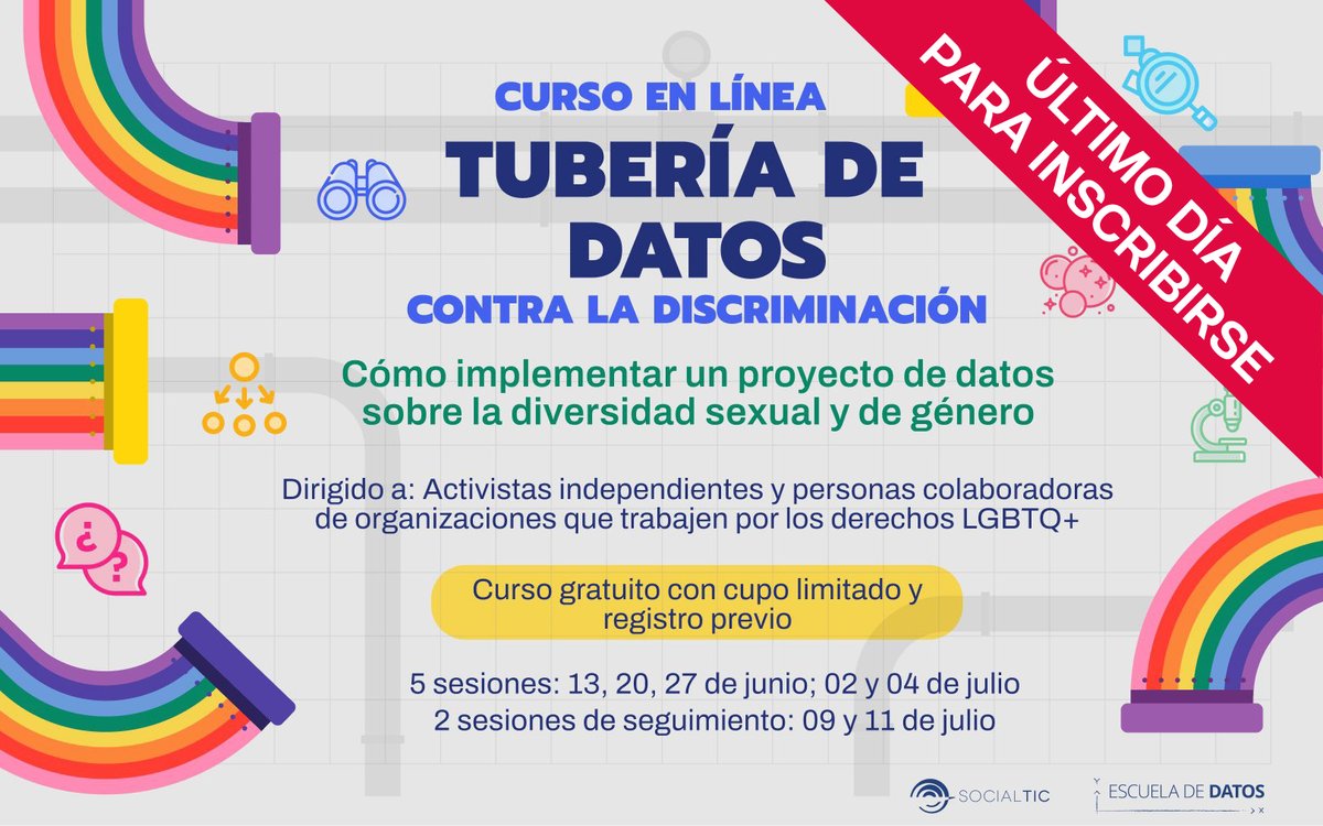 EscuelaDeDatos's tweet photo. #LATAM |

🚨 ¡Atencióóón! 🚨

✨ ¡HOY es el último día para inscribirte a nuestro nuevo curso! ✨

🏳️‍⚧️🏳️‍🌈📊 Este mes del #Orgullo2024, aprende e implementa proyectos basados en #datos para combatir la discriminación 

📋 ¡Regístrate YA! (CUPOS LIMITADOS) ➡️ https://t.co/HPMI5zk9KT https://t.co/fmSrFCCUaG