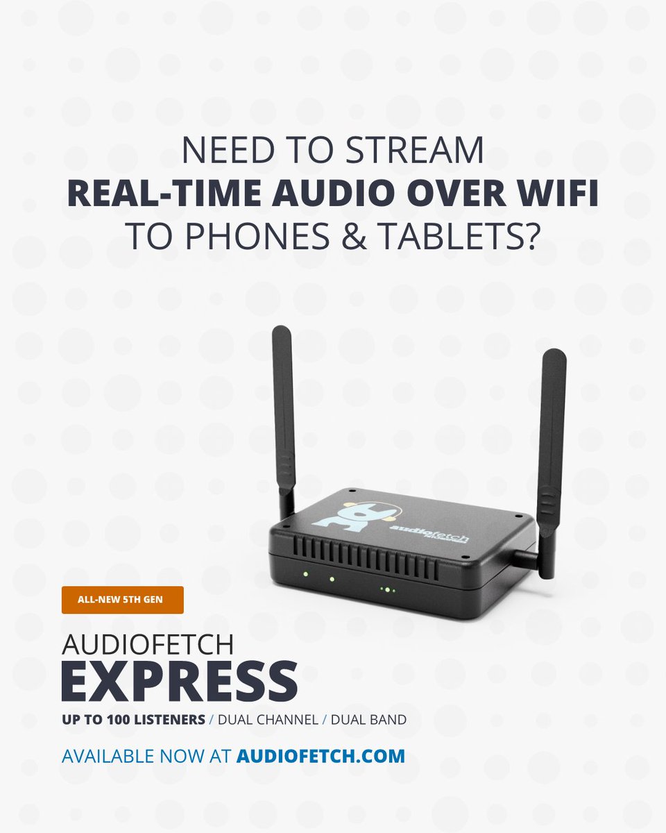 We've been heads down on the next gen of #FetchExpress, our industry-leading #audio over wifi solution for #fitness, #church, #tourguide and more.

We're happy to introduce the all-new #AudioFetchExpress5🆕

Up to 100+ Listeners / Dual Channel / Dual Band
#AssistiveTechnology