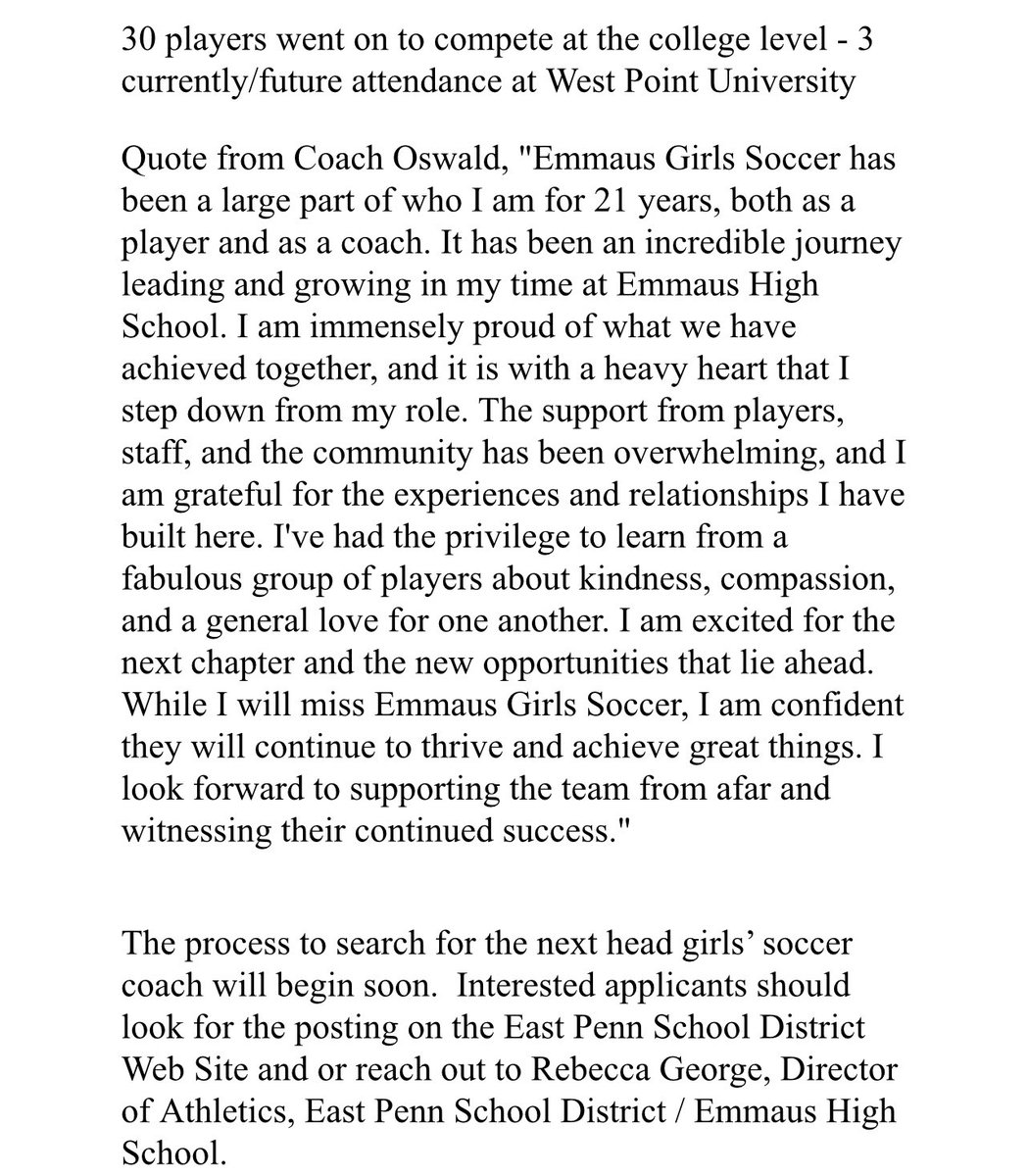 Best of luck to Sarah Oswald, who has resigned as the Emmaus Girls Soccer Head Coach after nine seasons. 

Sarah posted 130 wins during her coaching career with the Green Hornets. 

A flat out great coach and great person. Wishing her nothing but the best. 👍👍

Full press