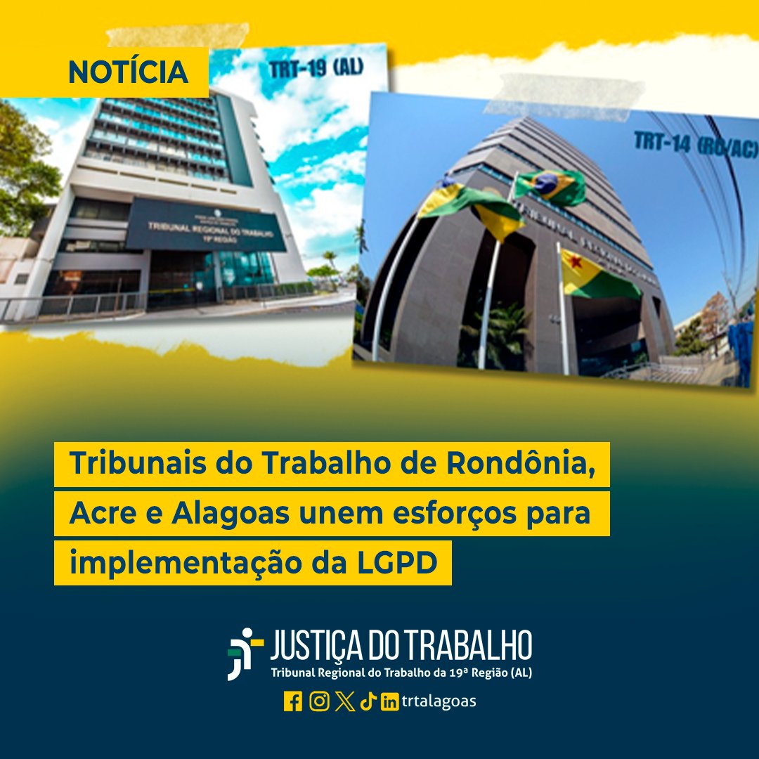 TRTAlagoas's tweet image. Projeto de cooperação entre os TRTs da 14ª (RO/AC) e 19ª (AL) Regiões traz soluções inovadoras para adequação à Lei Geral de Proteção de Dados.

🖥️ LEIA A  MATÉRIA: site.trt19.jus.br/noticia/tribun…

#LGPD #ProjetoDeCooperação #ProteçãoDeDados #TRT19 #TRT14 #TRTAcessível #PraCegoVer