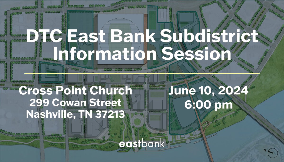 NashEastBank's tweet photo. Join CMs @claycapp and @JacobKupin4D19 and the @MetroNashPlan and @EastBankNash teams on Monday, June 10 to learn more about the proposed Downtown Code (DTC) East Bank expansion. You can read the full draft and see a previous presentation at https://t.co/WFBH4DykE3. https://t.co/Vb0yj2MskQ