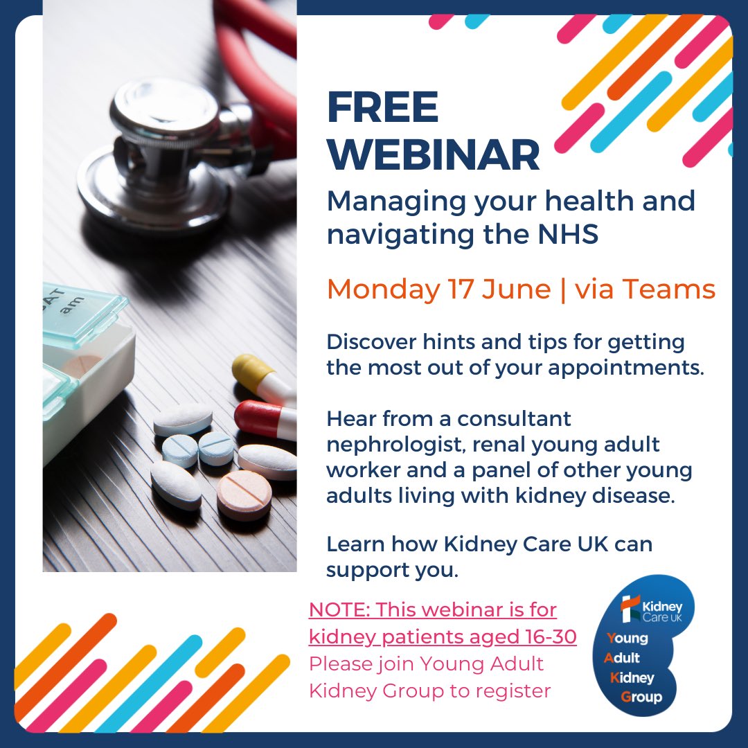 Are you between 16 – 30 &amp; living with kidney disease? Would you like to know more about how to get the most out of your clinic appts &amp; build a good relationship with your renal team?
 
If so, we have the perfect FREE webinar for you! Join us on FB (link in bio) for further info!