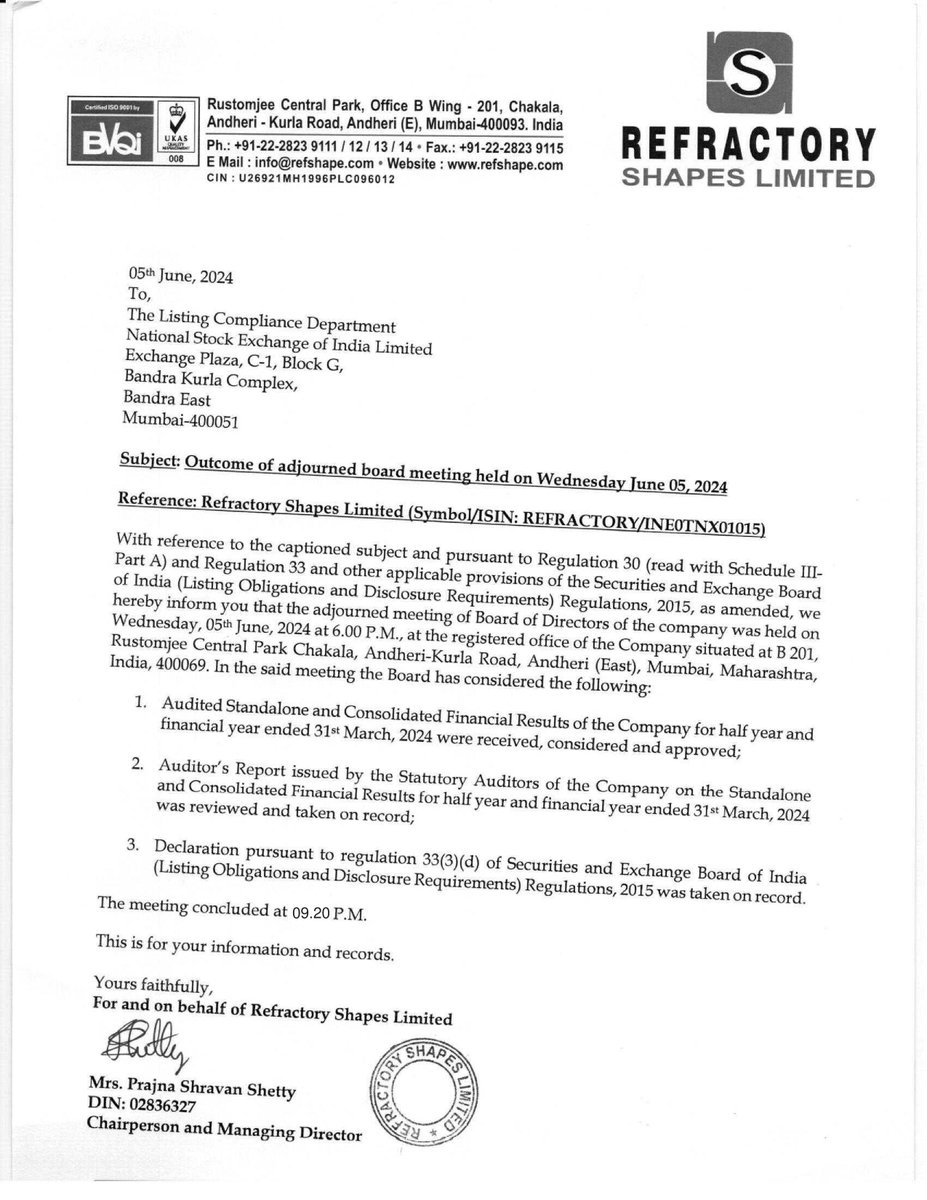 nileshkurhade's tweet image. 📌 Refractory Shapes Ltd informed the exchange about the approval of its audited standalone and consolidated financial results for the half year and financial year ended 31st March 2024, at an adjourned board meeting. #SME #REFRACTORY 📈📊