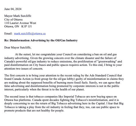 CharlieAngusNDP's tweet photo. This is the letter I wrote to Ottawa's mayor urging the city to ban disinformation from Big Oil and Big Tobacco. 
These misleading adverts are proliferating on public property and pose a threat to human health.
@ottawacity https://t.co/81AHNVZ1aA