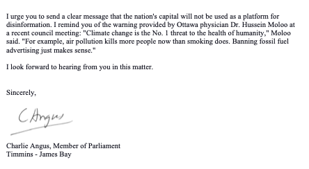 CharlieAngusNDP's tweet photo. This is the letter I wrote to Ottawa's mayor urging the city to ban disinformation from Big Oil and Big Tobacco. 
These misleading adverts are proliferating on public property and pose a threat to human health.
@ottawacity https://t.co/81AHNVZ1aA
