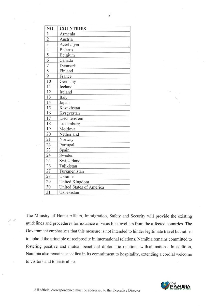 ukusefya's tweet photo. Namibia has imposed visa requirements for non-reciprocating countries (street talk; tit-for-tat). List of countries includes the US and UK. “To ensure parity and fairness in diplomatic interactions,” says the government, using the principle of reciprocity in International Relations. 🧡