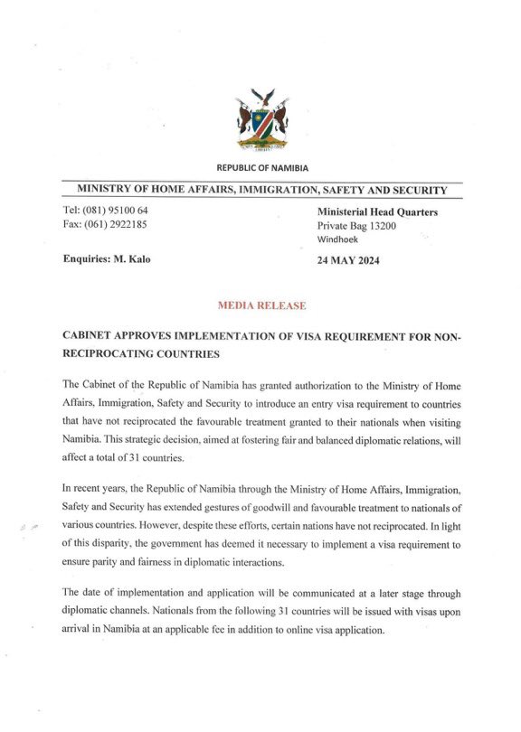 ukusefya's tweet photo. Namibia has imposed visa requirements for non-reciprocating countries (street talk; tit-for-tat). List of countries includes the US and UK. “To ensure parity and fairness in diplomatic interactions,” says the government, using the principle of reciprocity in International Relations. 🧡