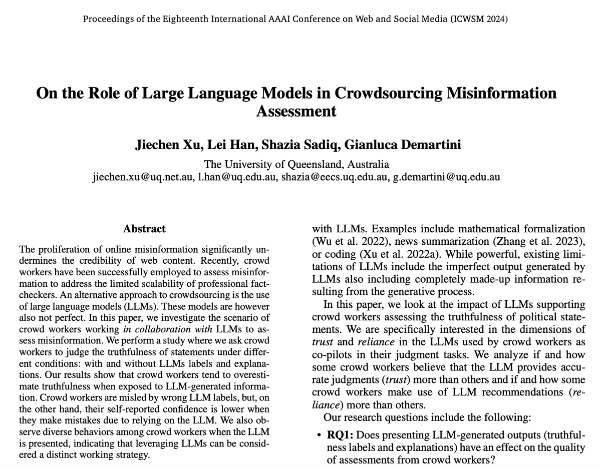 Presenting the spotlight paper "On the Role of Large Language Models in Crowdsourcing Misinformation Assessment" by Jiechen Xu et al. today in the Disinformation and Mental Well-Being session starting at 2pm at #icwsm2024 #ICWSM24 #icwsm <a href="/icwsm/">ICWSM</a>. Paper at ojs.aaai.org/index.php/ICWS…