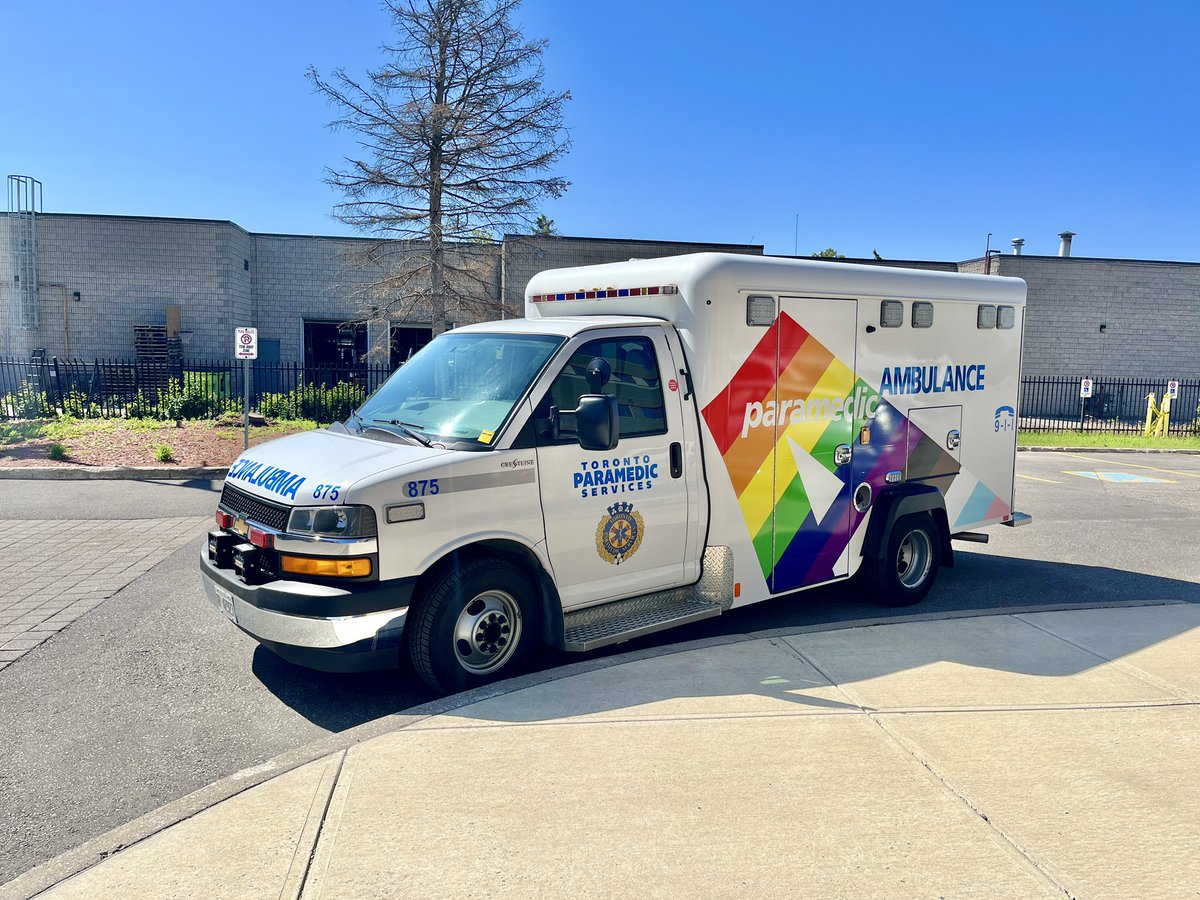TorontoMedics's tweet photo. Throughout #PrideMonth, keep an eye out for @TorontoMedics’ Pride Month vehicles in the community. Don’t forget to show your support by snapping a pic, using the hashtag #ParamedicsWithPride when you spot these special vehicles! https://t.co/aP9hOKGOK5