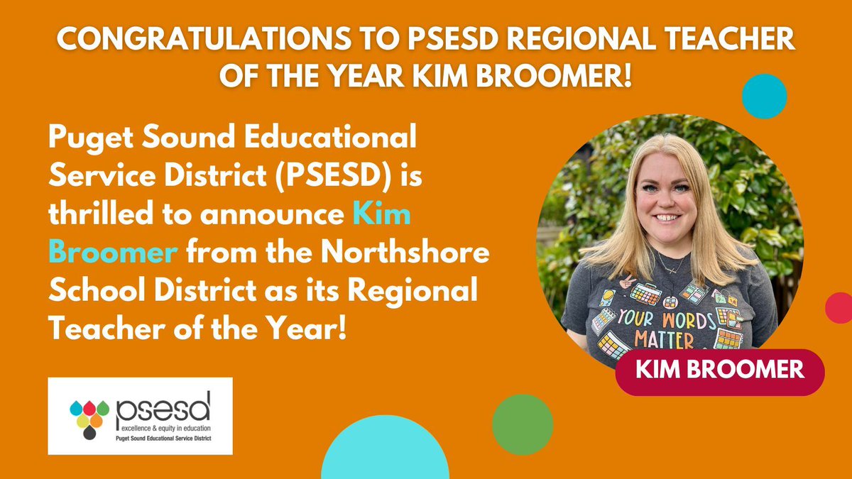 Puget Sound ESD (@psesd) on Twitter photo Puget Sound Educational Service District (PSESD) is thrilled to announce Kim Broomer from <a href="/Northshore_SD/">Northshore School District</a> as its Regional Teacher of the Year! Congratulations to Kim!
#WAedu
#WATeachLead
#equityineducation Puget Sound Educational Service District (PSESD) is thrilled to announce Kim Broomer from <a href="/Northshore_SD/">Northshore School District</a> as its Regional Teacher of the Year! Congratulations to Kim!
#WAedu
#WATeachLead
#equityineducation