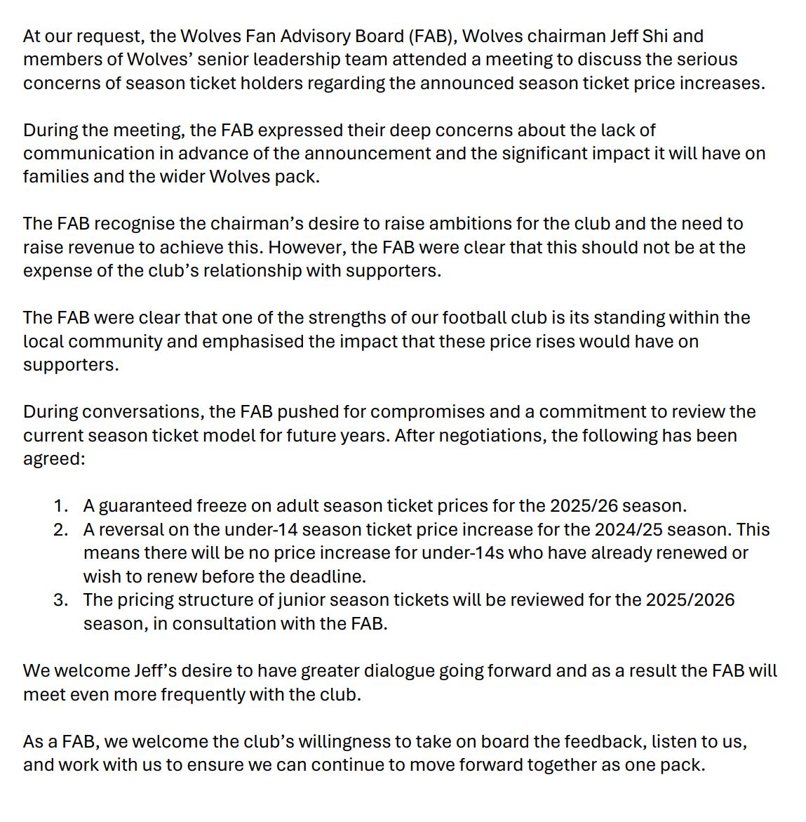 DrLyndseyHarris's tweet photo. For those that haven't seen it. This is the FULL Fan Advisory Board's statement following last night's meeting ##wwfc #FAB #STH #wolvesaywe: https://t.co/JO8v6JQRgN