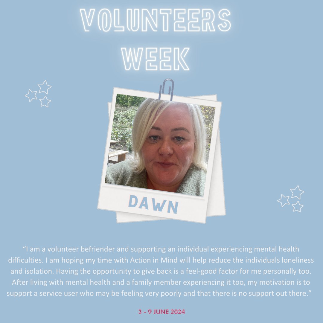 ActioninMind's tweet photo. 🌟Volunteer Spotlight 🌟

Meet Dawn, one of our new Adult Befrienders here at AiM. We are extremely excited to have you join our team of fantastic befrienders! Thanks for choosing us to volunteer with, we know your kind nature &amp; dedication will make you shine in your new role.💚 https://t.co/Y86AgZIfRF