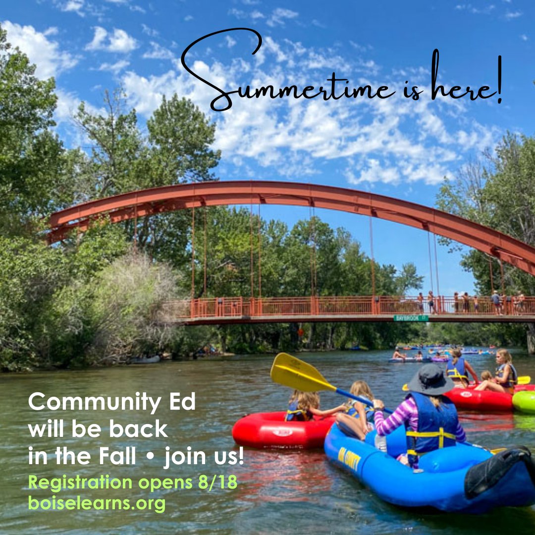 We are off for Summer adventures! Thank you for our best year ever. Come back and see us for our FALL classes.
Online Registration opens on Sunday, Aug 18th. Or call us on Monday, August 19th at 208-854-4047. 
Mark your calendars!
Classes run 9/9 - 10/17.  boiselearns.org