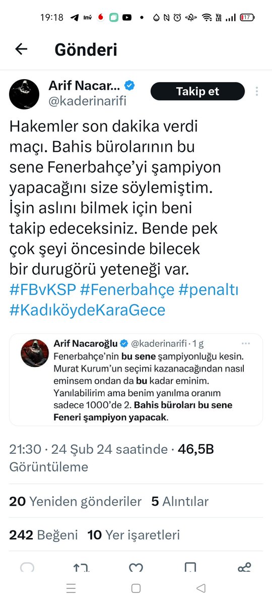İstanbul'u Kesin Murat Kurum Kazanacak Dedin, Tutmadı. RTE İstanbul'u Hediye Ettin, Dedin.

Fenerbahçe Kesin Şampiyon Dedin, Tutmadı. Ali Koç Şampiyouğu GS'ye İkram Etti Dedin.

Hiçbiri de Tutmadı, Kendini Müneccim Görmesen. Şirk İçindesin Gurur Kibir İçindesin Farkında Değilsin