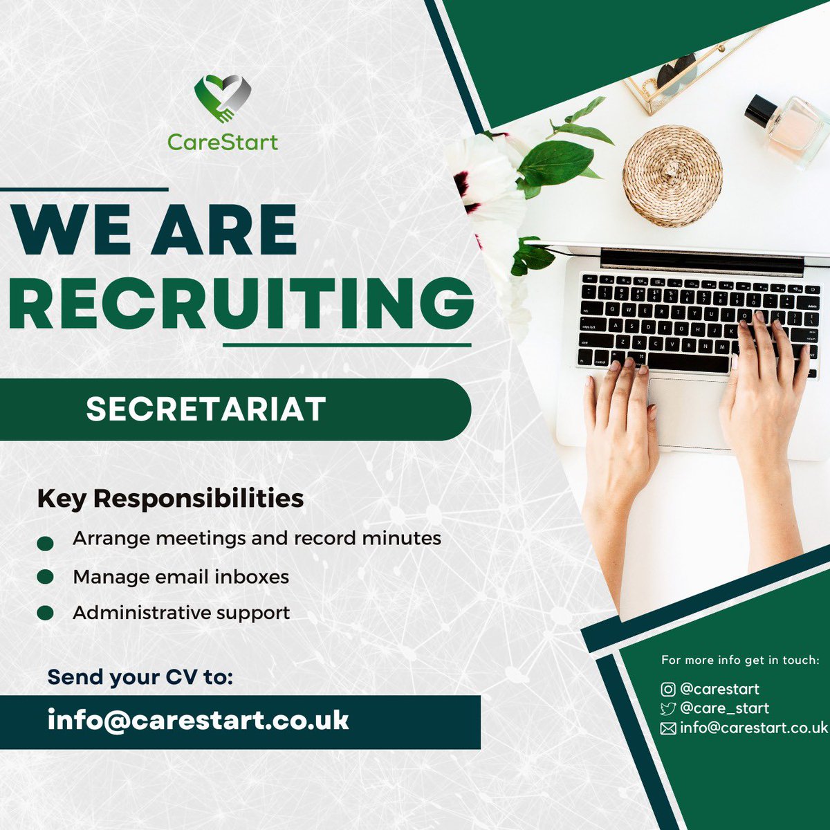 care_start's tweet photo. We are looking for a new secretariat to provide administrative support for our organisation. Send your email to info@carestart.co.uk to be considered for an interview. Please feel free to get in touch for more information. https://t.co/4dd7LZBzI5